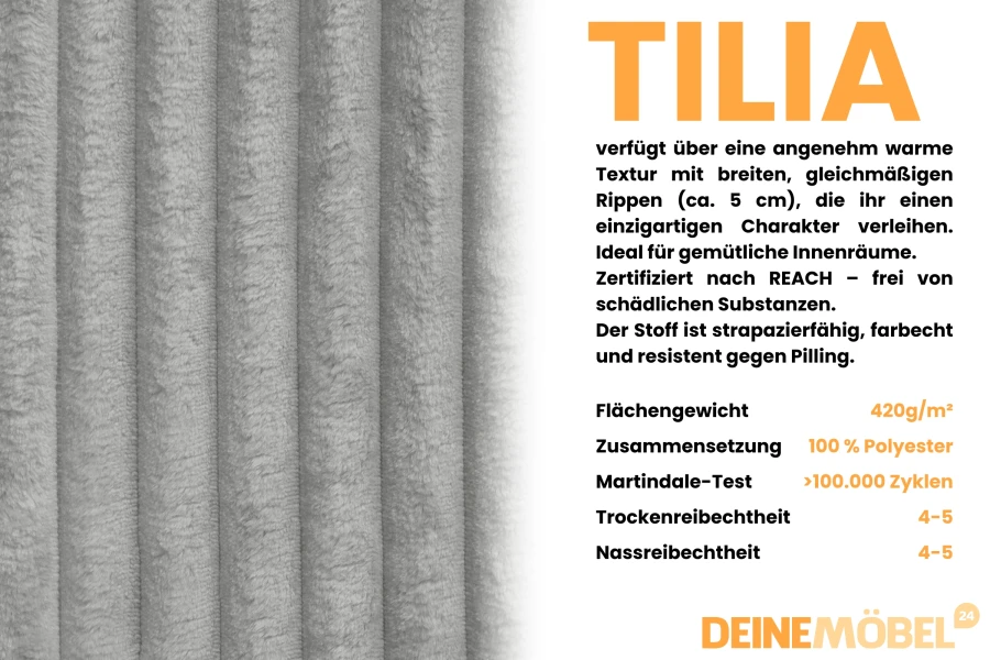 Nahaufnahme des Tilia Möbelstoffs in Hellgrau mit Details zur Materialbeschaffenheit und Haltbarkeit.