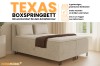 Infographic van het boxspringbed Texas met details over opbergruimtes, topper en stofkeuze.