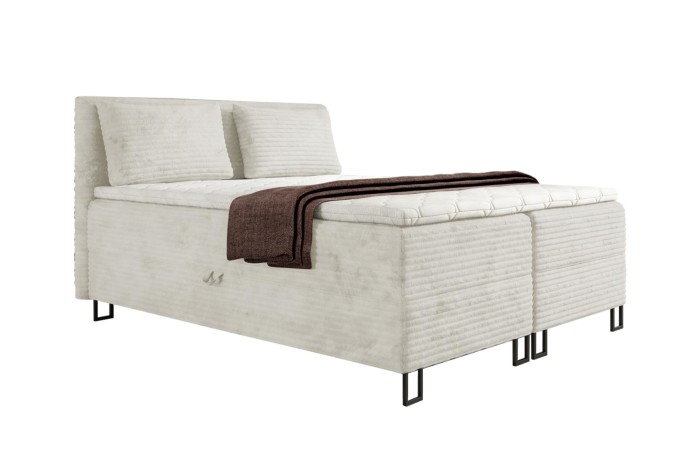 Modernes Boxspringbett in Beige mit Cord-Bezug und integriertem Bettkasten auf weißem Hintergrund.