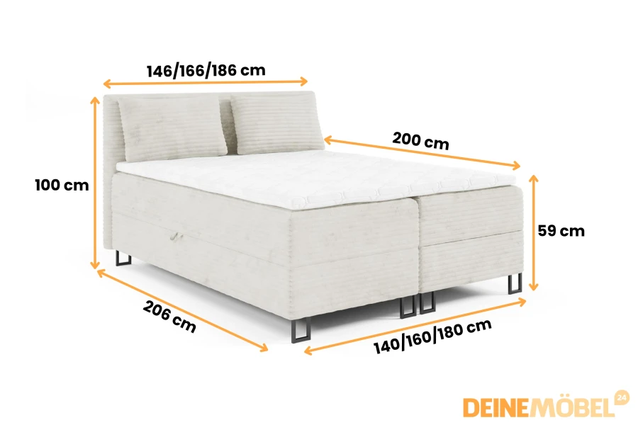 Detaillierte Maße und Abmessungen für das beige Boxspringbett Modell.