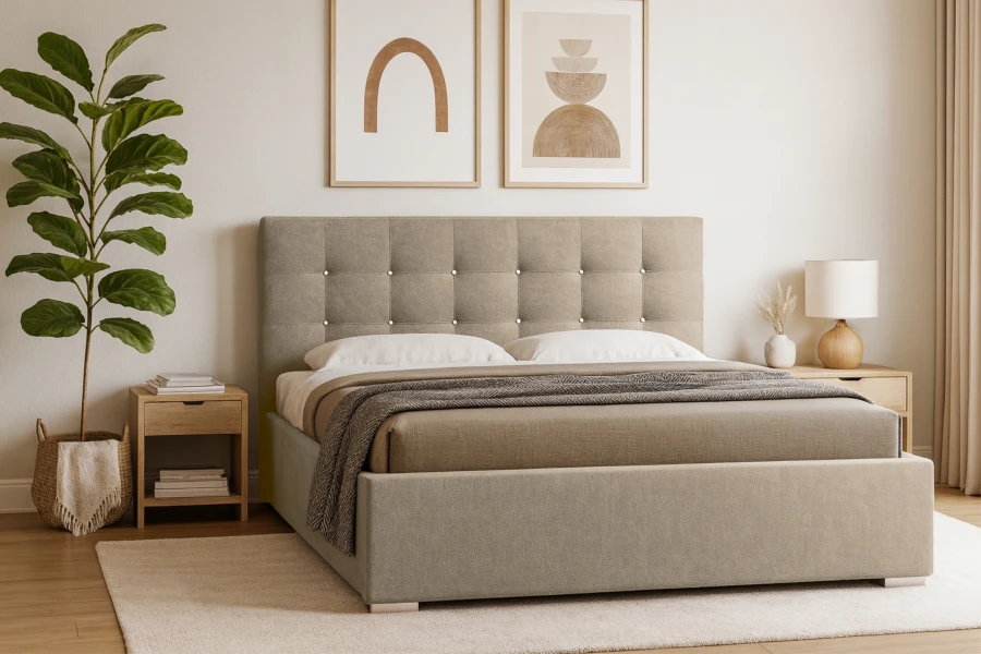 Beiges Polsterbett in modernem Schlafzimmer mit Wanddeko und Zimmerpflanze.