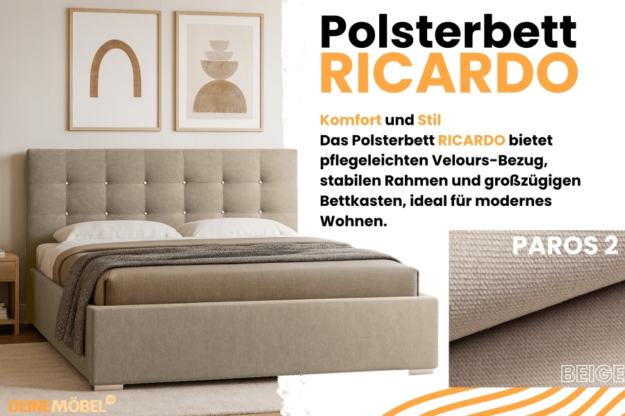 Polsterbett RICARDO in Beige mit gestepptem Kopfteil im modernen Schlafzimmer-Ambiente.