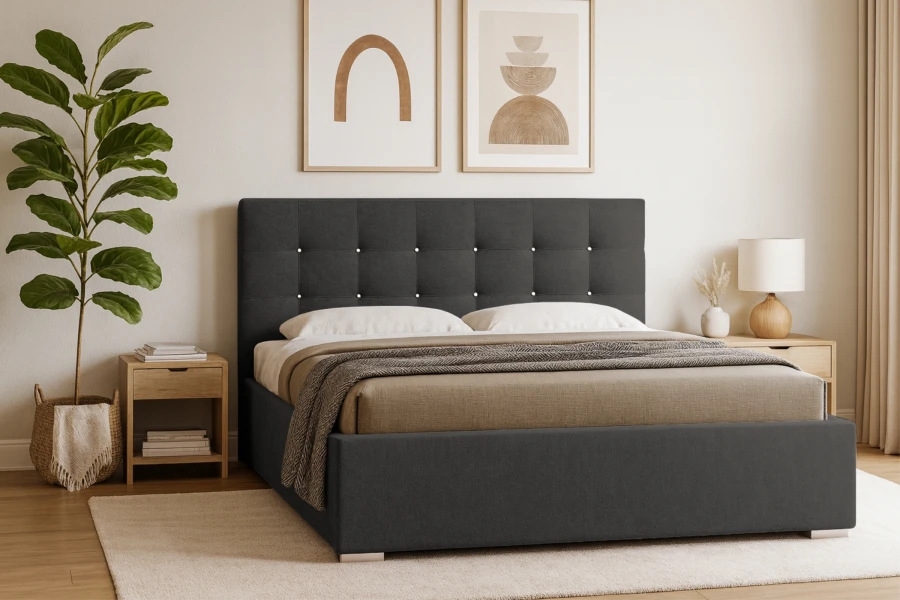 Anthrazitfarbenes Polsterbett mit modernem Design und gestepptem Kopfteil im Schlafzimmer.