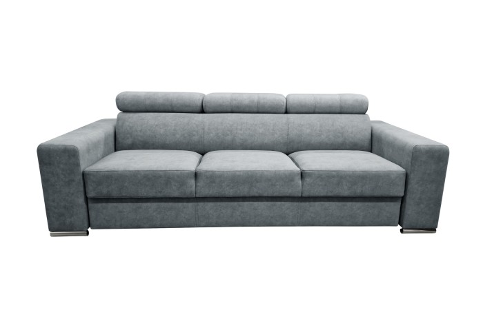 Graues 3-Sitzer Sofa mit verstellbaren Kopfstützen auf weißem Hintergrund.