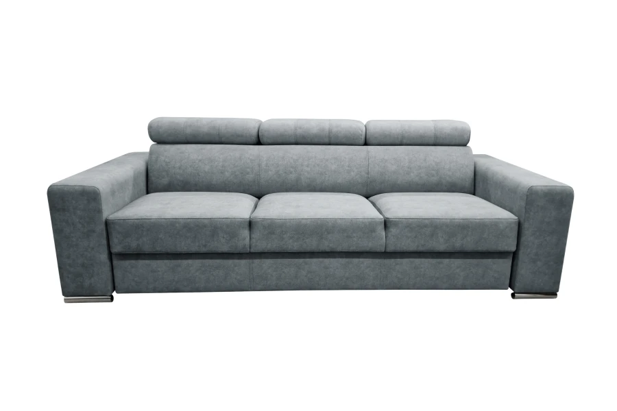 Graues 3-Sitzer Sofa mit verstellbaren Kopfstützen und modernem Design isoliert.