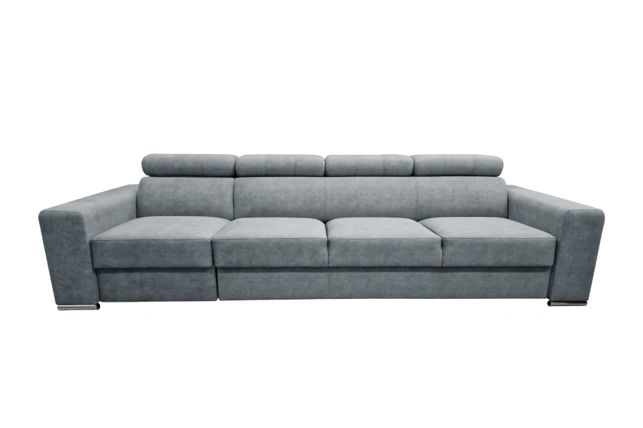 Modernes Sofa ELMO in Hellblau mit verstellbaren Kopfstützen auf weißem Hintergrund.