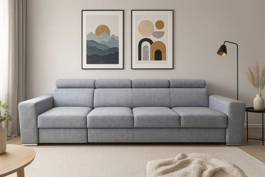 Gemütliches Sofa ELMO im Wohnzimmer-Ambiente mit moderner Wanddeko und Teppich.