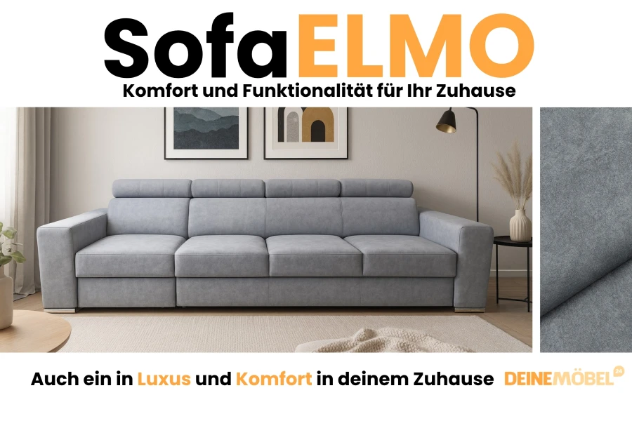 Werbebild für Sofa ELMO: Fokus auf Komfort und Funktionalität mit Stofftextur.