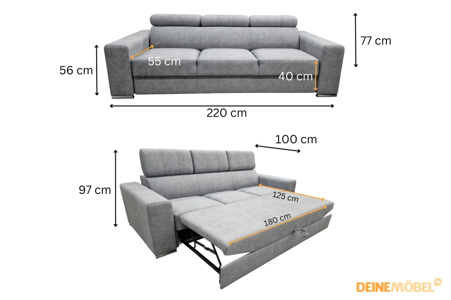 Maßangaben für Sofa ELMO (220 cm Breite) inklusive ausziehbarer Schlaffunktion.