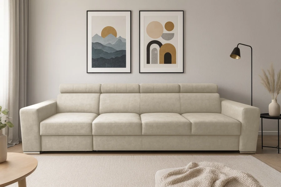 Beiges 3-Sitzer Sofa in modernem Wohnzimmer mit abstrakter Kunst.