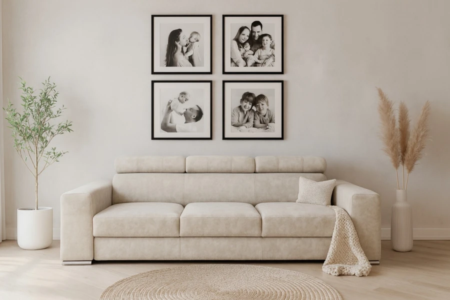 Gemütliches beiges Sofa in hellem Wohnzimmer mit Wandbildern.