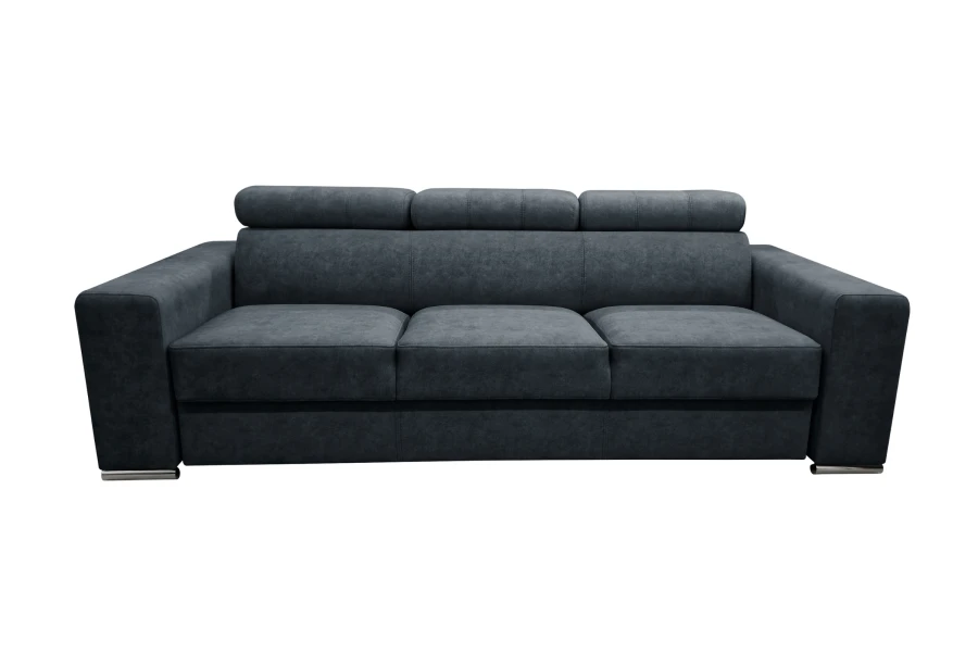Modernes dunkelgraues 3-Sitzer Sofa mit verstellbaren Kopfstützen auf weißem Hintergrund.