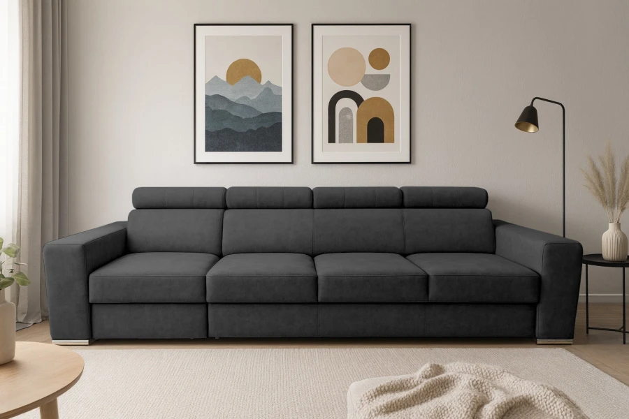 Stilvolles anthrazitfarbenes Sofa in einem hellen Wohnzimmer mit moderner Dekoration.