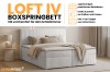 Loft IV Boxspringbett in Hellgrau mit Bettkästen und weichem Topper für das Schlafzimmer.