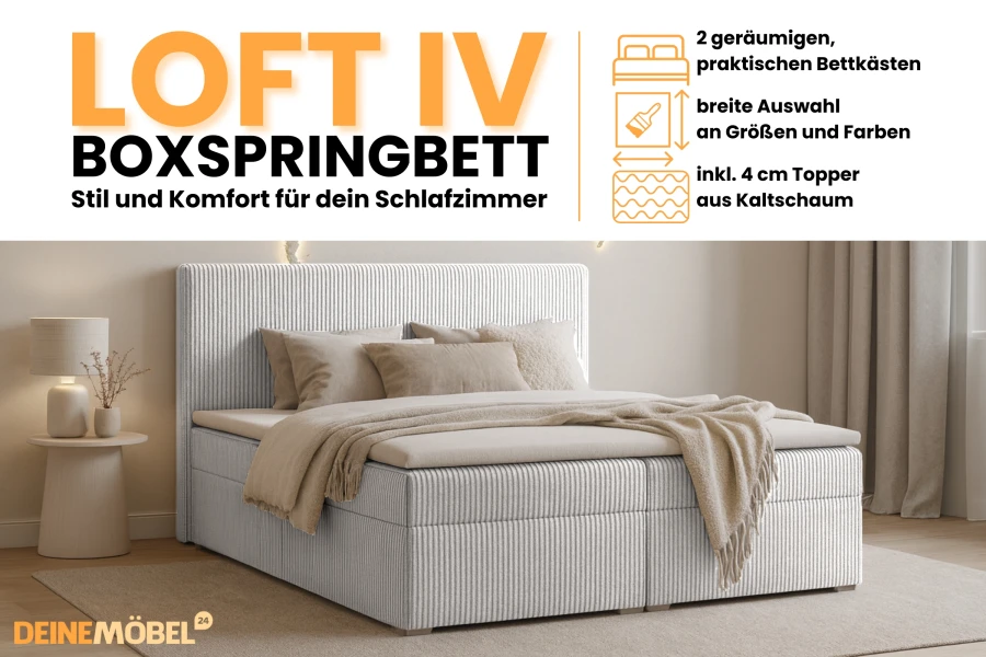Loft IV Boxspringbett in Hellgrau mit Bettkästen und weichem Topper für das Schlafzimmer.