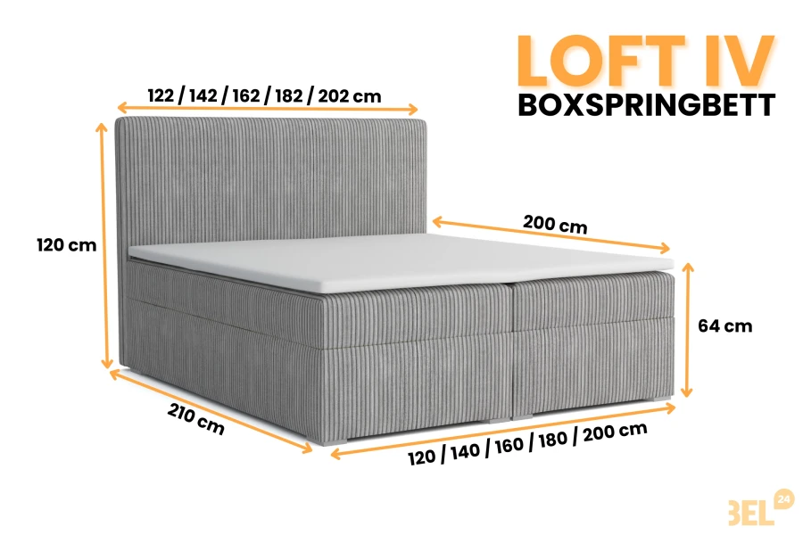 Maßskizze für das Boxspringbett Loft IV mit verschiedenen verfügbaren Breiten von 120 bis 200 cm.