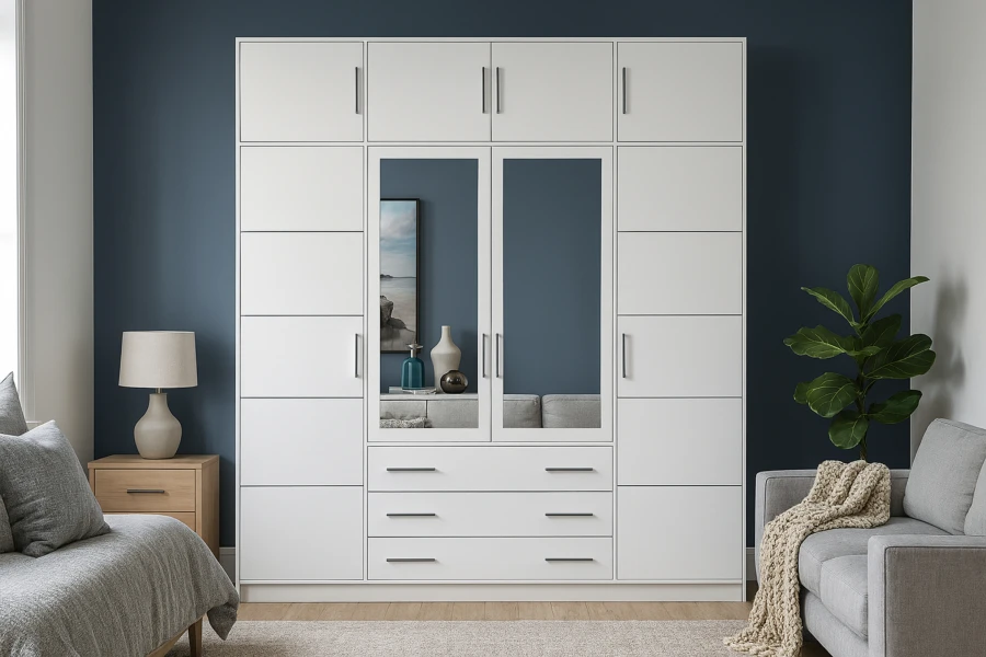 Großer weißer Schlafzimmerschrank mit Spiegeltüren, vielen Fächern und Schubladen im modernen Design.