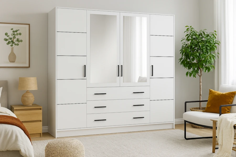 Moderner weißer Kleiderschrank mit zwei Spiegeltüren und schwarzen Griffen in hellem Schlafzimmer.