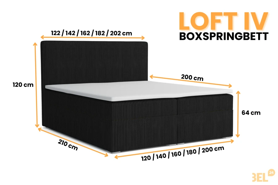 Maßangaben für das Boxspringbett LOFT IV in Schwarz mit verschiedenen Breitenoptionen.