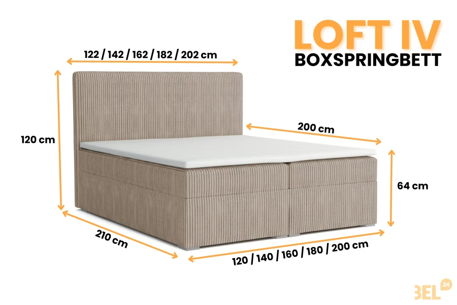 Detailed dimensions for the Loft IV boxspring bed in the overview.