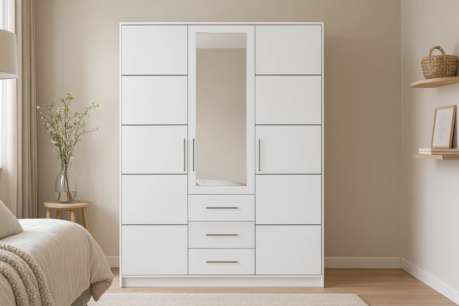Weißer Kleiderschrank mit Spiegel und Schubladen im modernen Schlafzimmer.