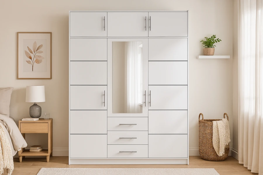 Weißer Kleiderschrank mit Spiegel und zusätzlichem Aufsatzschrank oben.