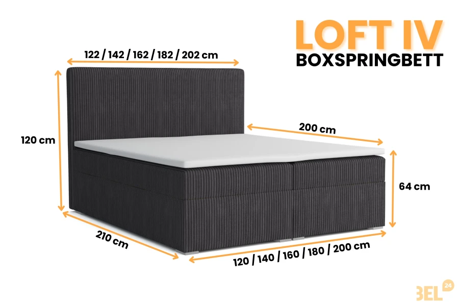 Dimension sketch for the boxspring bed LOFT IV in anthracite with various width and height specifications.