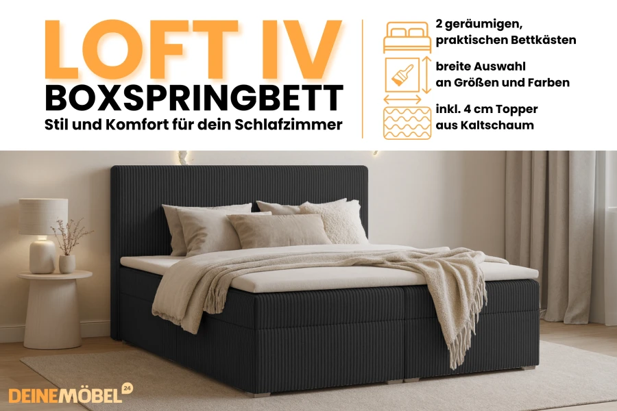 Infographic LOFT IV box spring bed: Details on storage boxes, topper and fabric selection.