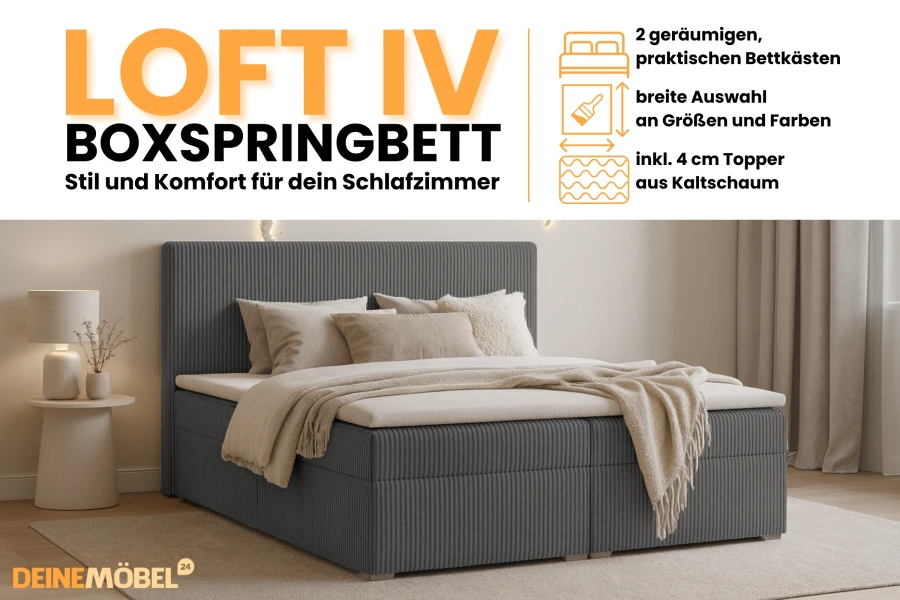 Productoverzicht Loft IV boxspringbed met beddenkast, koudschuim topper en verschillende maten.