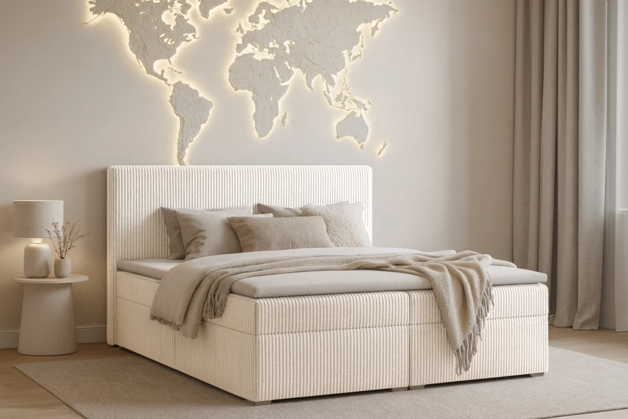 Beiges Boxspringbett Loft IV mit geripptem Cord-Stoff und stilvoller Wanddeko im Schlafzimmer.