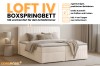 Infografik zum Boxspringbett Loft IV mit Details zu Bettkästen, Topper und Farbauswahl.
