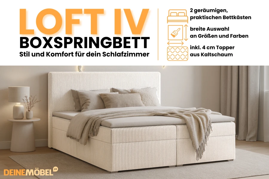 Infografik zum Boxspringbett Loft IV mit Details zu Bettkästen, Topper und Farbauswahl.