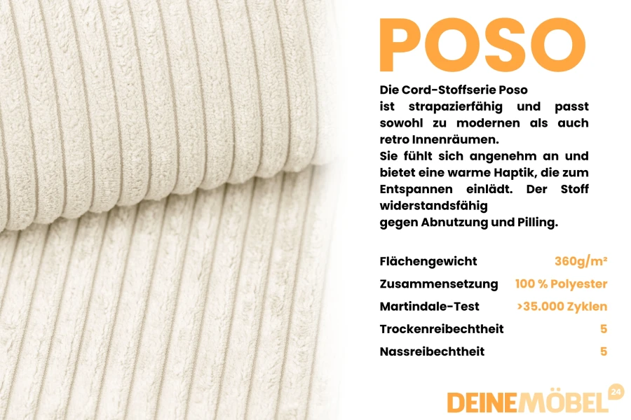 Technische Daten der Cord-Stoffserie Poso: Strapazierfähigkeit und Materialzusammensetzung.