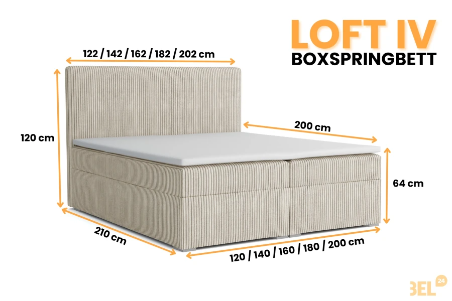 Loft IV Boxspringbett Beige Cord mit Maßangaben 120-202 cm Breite und 200 cm Länge.