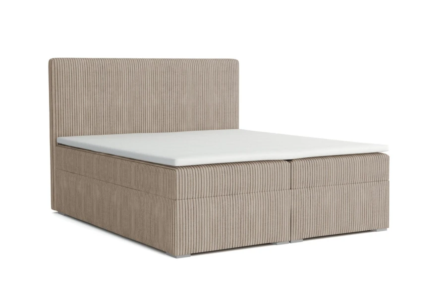 Modernes Boxspringbett in Beige mit stilvollem Cord-Bezug und Kopfteil.
