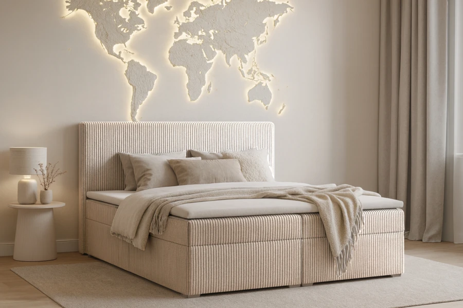 Gemütliches Schlafzimmer mit beige Boxspringbett und beleuchteter Weltkarte an der Wand.
