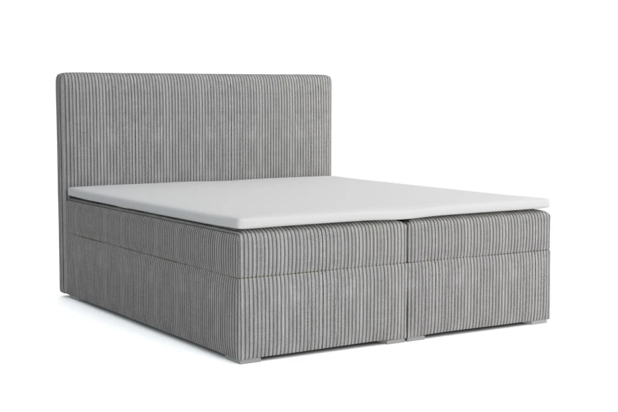 Elegantes Boxspringbett in Grau mit Cord-Stoff und gepolstertem Kopfteil.
