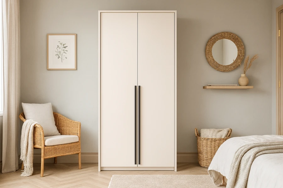 Moderner 2-türiger Kleiderschrank in Beige mit langen schwarzen Griffen im minimalistischen Schlafzimmer.
