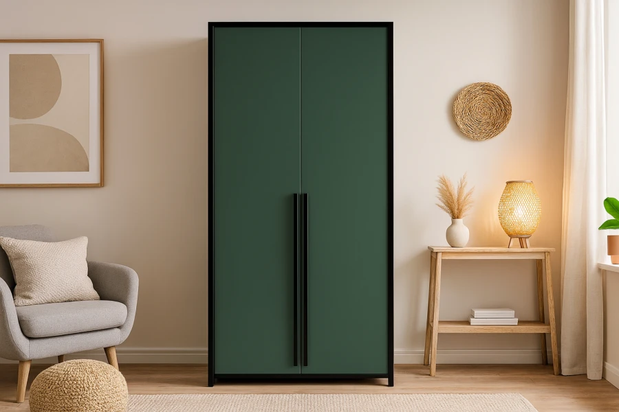 Eleganter grüner Kleiderschrank mit schwarzen Metallgriffen in einem hellen Wohnraum.