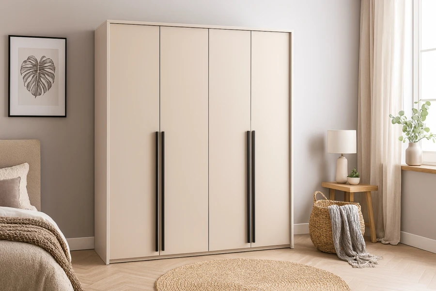 Moderner Kleiderschrank 4-türig in Beige mit schwarzen Griffleisten und Natur-Dekoration.