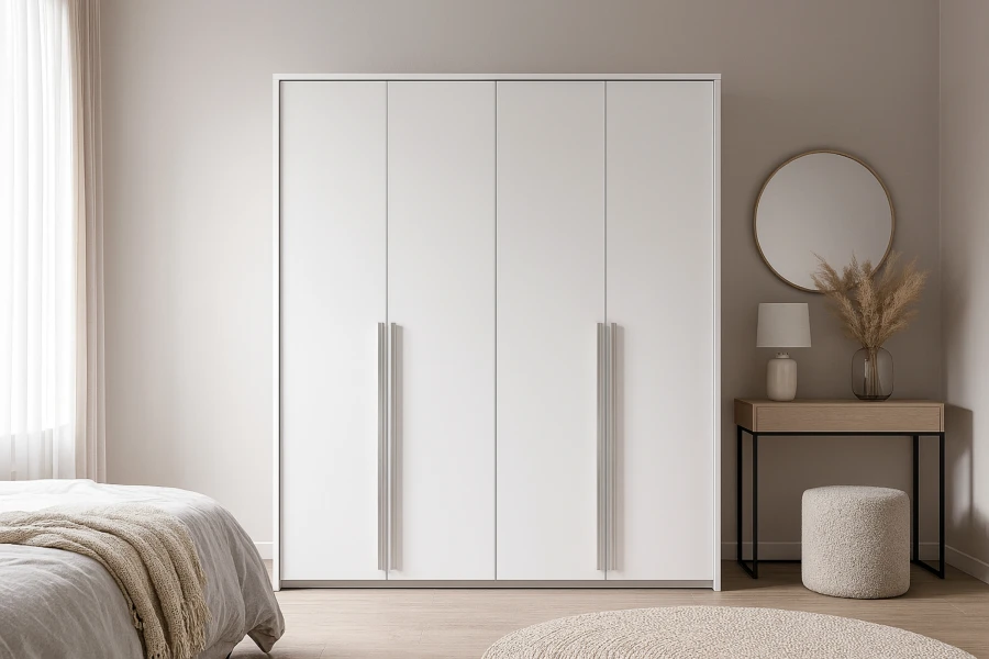 Moderner weißer Kleiderschrank mit silbernen Griffen in einem hellen, minimalistischen Schlafzimmer.