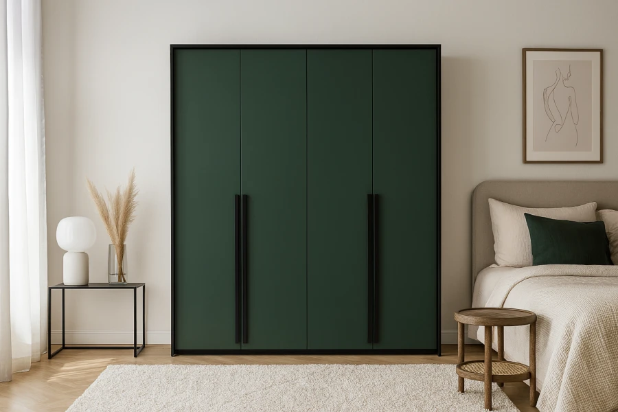 Dunkelgrüner Kleiderschrank mit schwarzen Griffen im modern gestalteten Schlafzimmer.