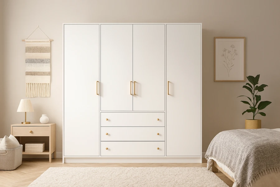 Moderner weißer Kleiderschrank mit vier Türen und drei Schubladen in einem hellen Schlafzimmer.