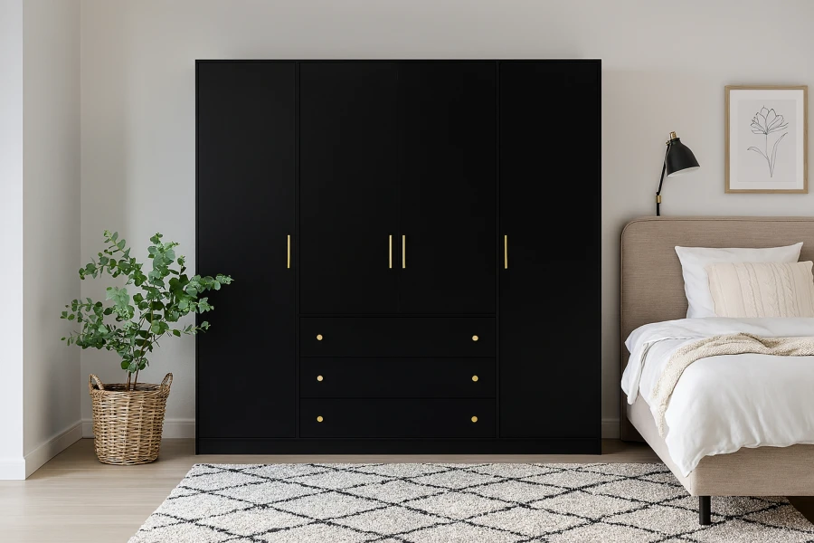 Schwarzer viertüriger Kleiderschrank mit goldenen Griffen im Schlafzimmer neben dem Bett.