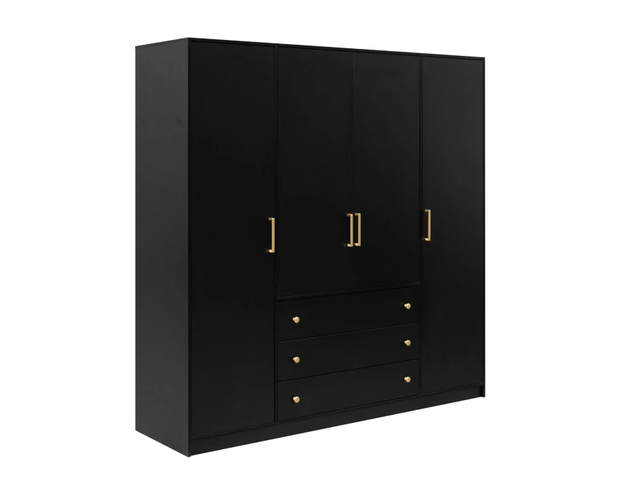 Schwarzer Kleiderschrank mit 4 Türen, 3 Schubladen und edlen goldenen Griffen.