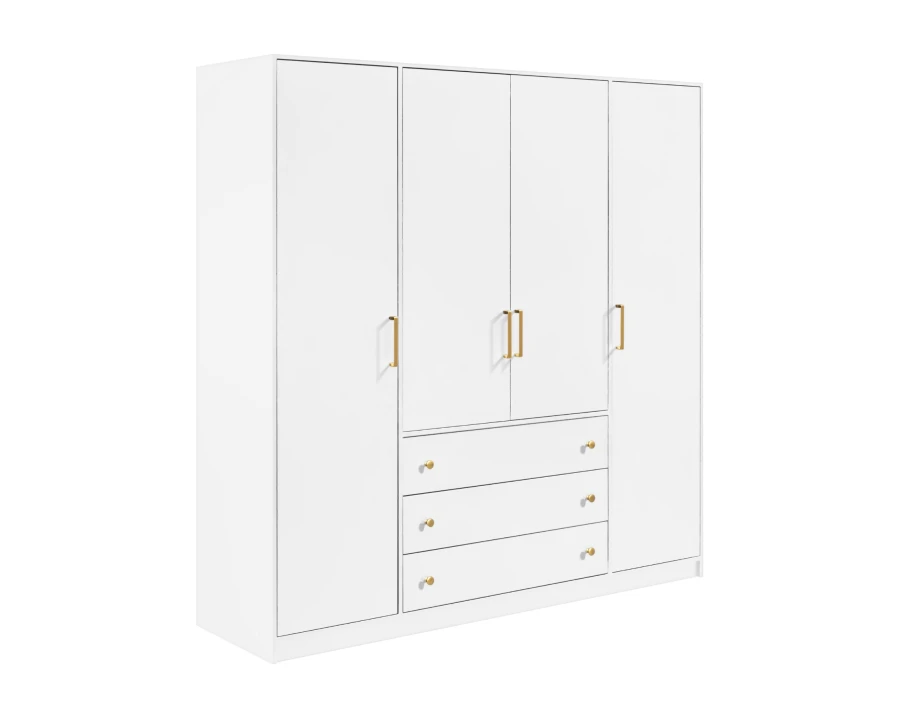 Moderner weißer Kleiderschrank mit 4 Türen, 3 Schubladen und Gold-Griffen.
