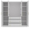 Offener weißer Kleiderschrank mit Regalfächern, Kleiderstange und Schubladen.