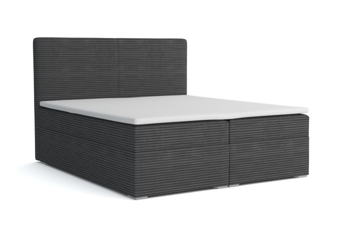 Modern boxspringbed Loft III met grijze corduroy bekleding en witte topper.