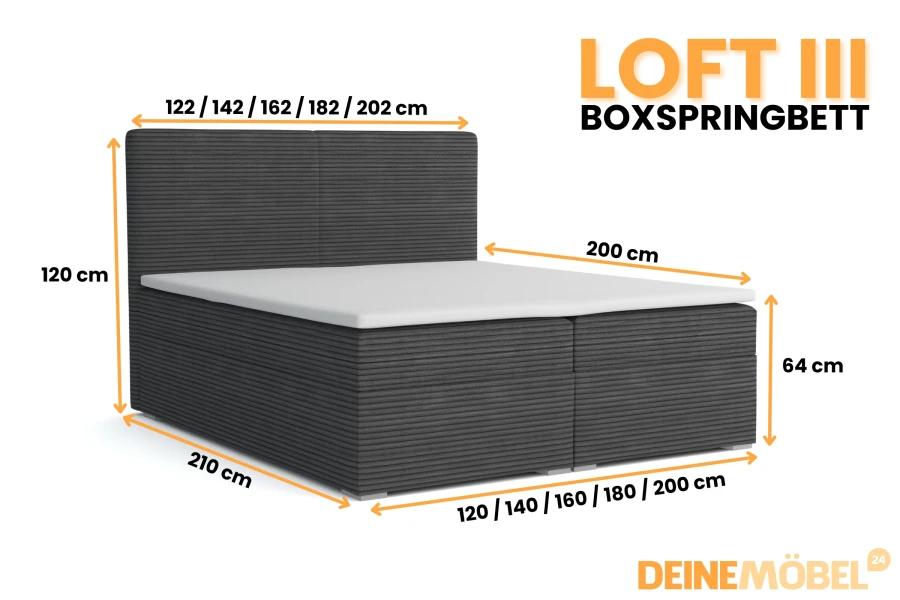 Afmetingen voor boxspringbed LOFT III: overzicht van de beschikbare maten en bedhoogtes.
