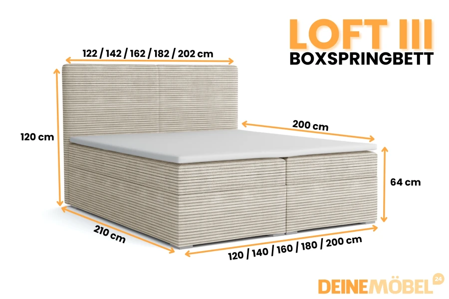 LOFT III boxspringbed productafmetingen en matenoverzicht in cord-optiek.